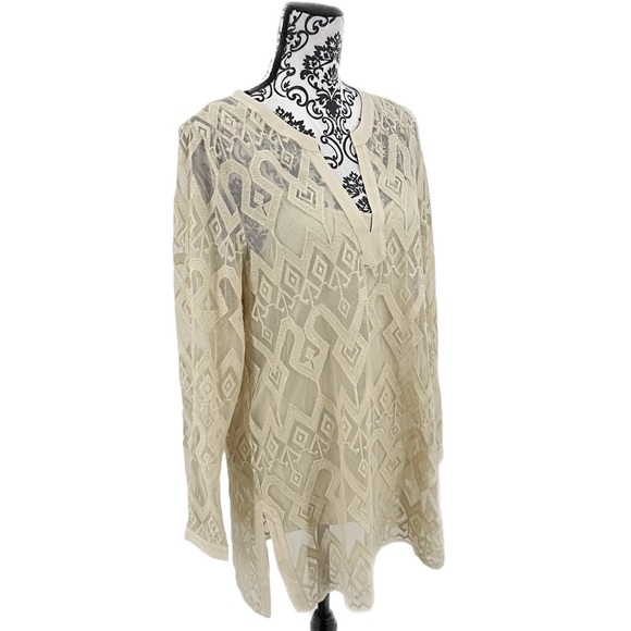 NWT Sigrid Olsen Signature Beige Sheer Tunic Long Sleeve Boho Resort Blouse, L - Picture 7 of 14